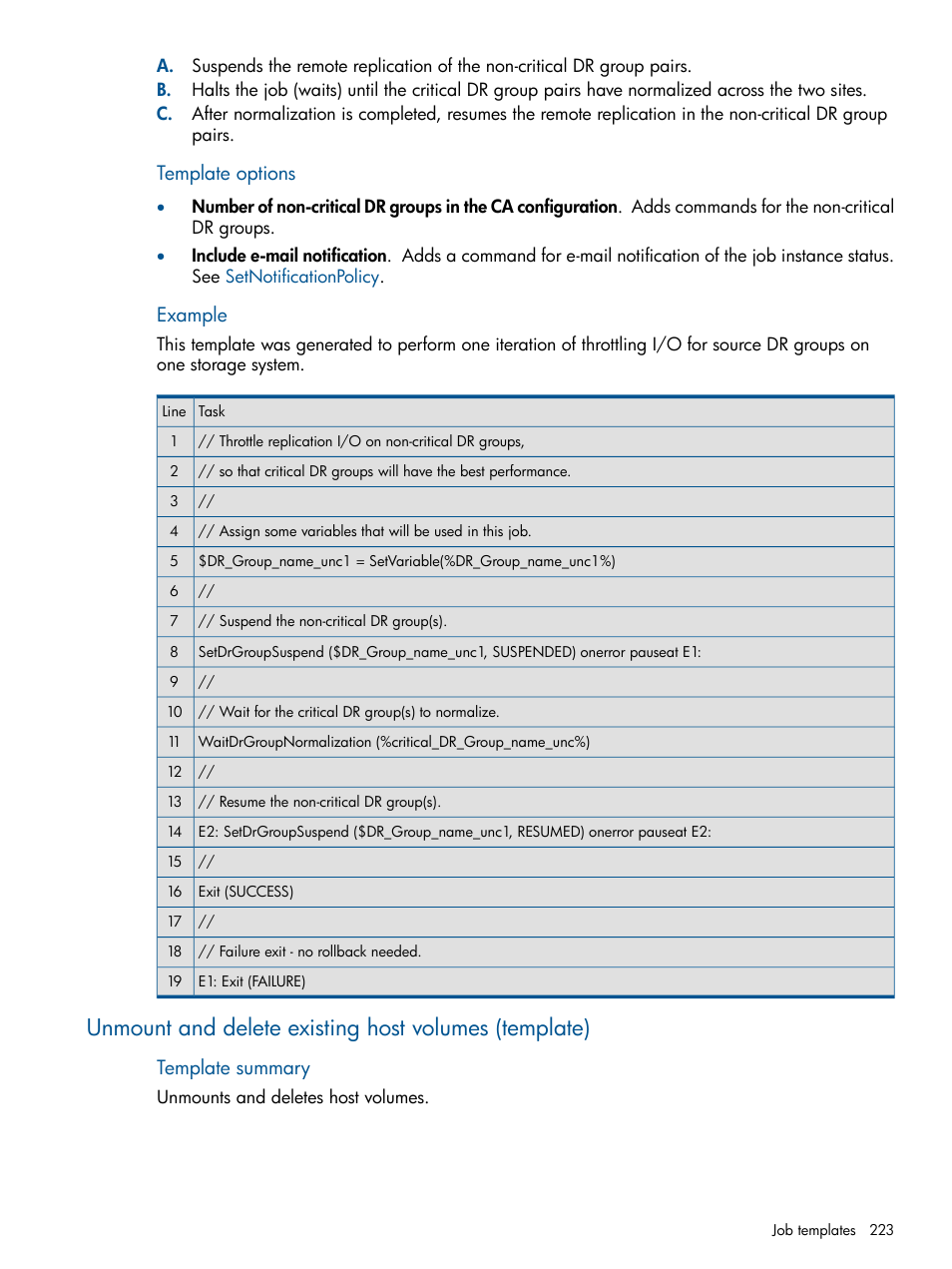 Unmount and delete existing host volumes, Template options, Example | Template summary | HP P6000 Continuous Access Software User Manual | Page 223 / 296