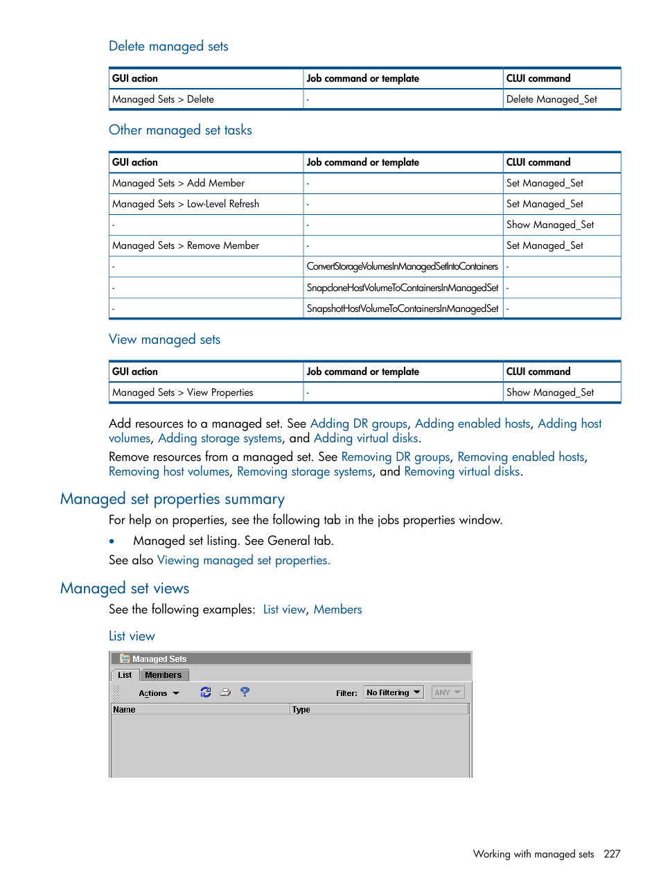 Managed set properties summary, Managed set views, Managed set properties summary managed set views | List view, Managed sets properties summary | HP P6000 Continuous Access Software User Manual | Page 227 / 296