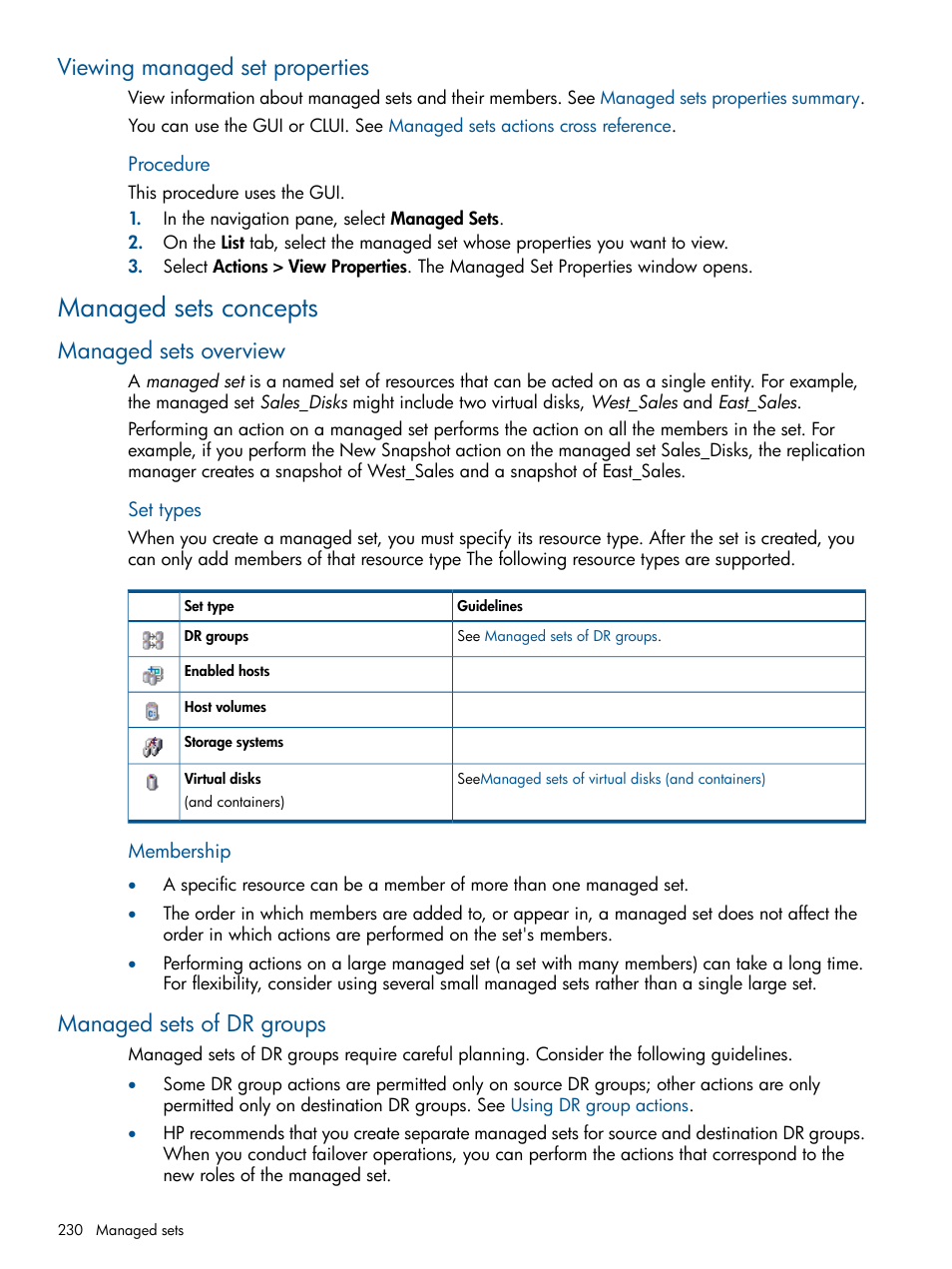 Viewing managed set properties, Managed sets concepts, Managed sets overview | Managed sets of dr groups, Managed sets overview managed sets of dr groups, Managed sets, Procedure | HP P6000 Continuous Access Software User Manual | Page 230 / 296