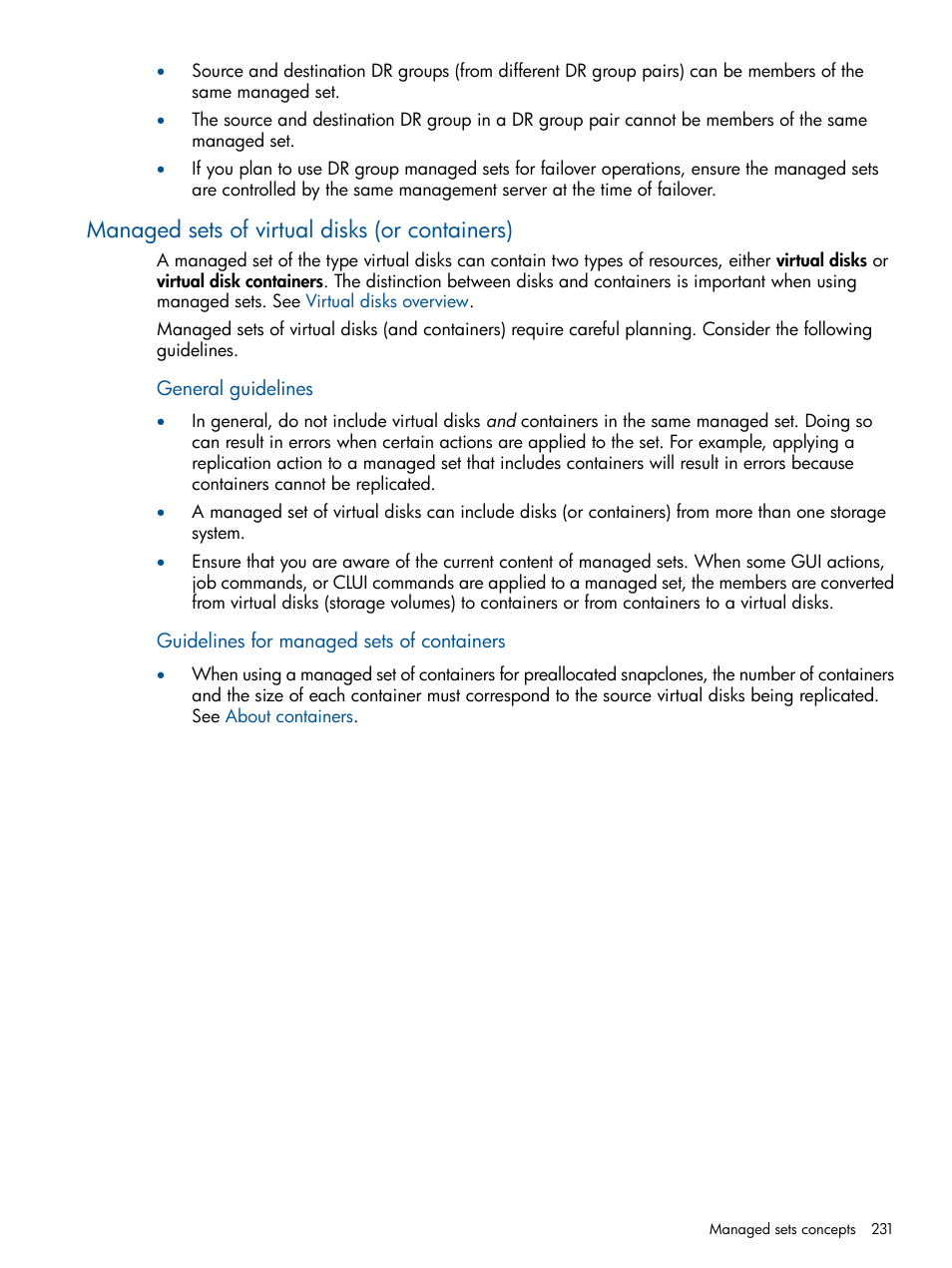 Managed sets of virtual disks (or containers), Managed sets of virtual disks (and containers) | HP P6000 Continuous Access Software User Manual | Page 231 / 296