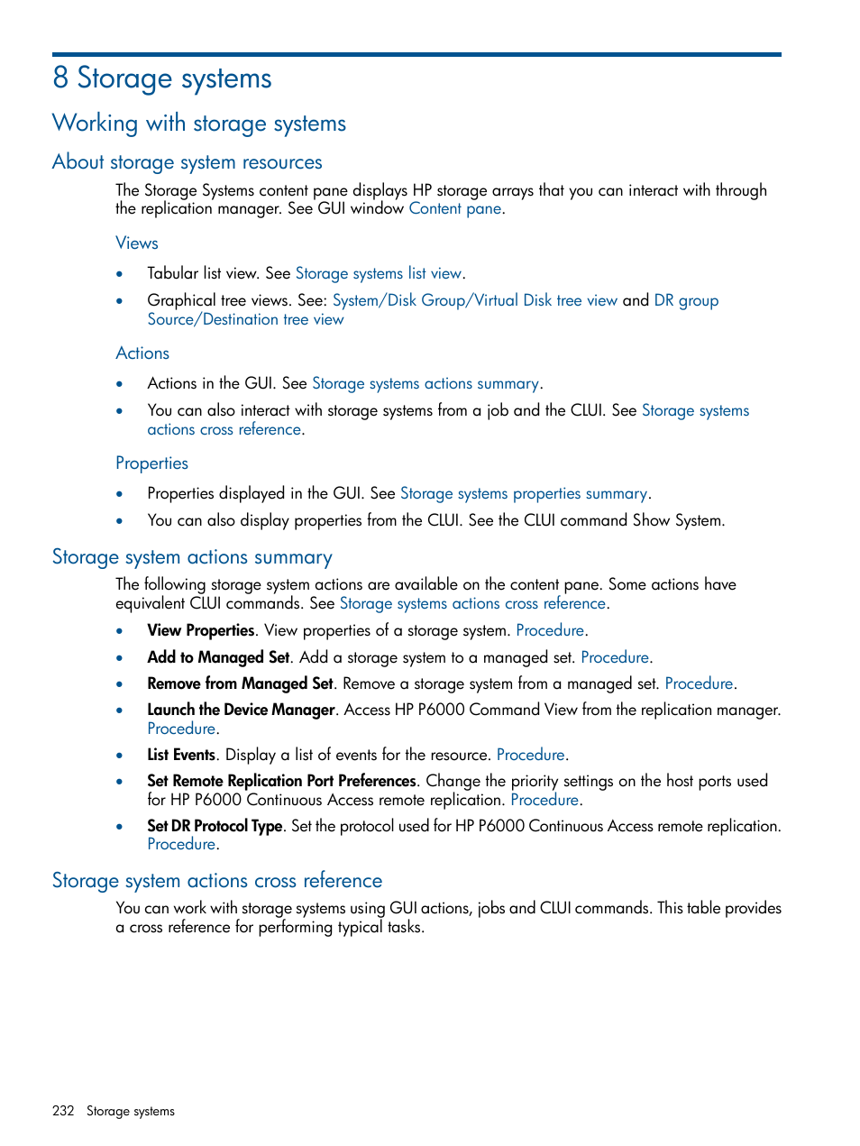 8 storage systems, Working with storage systems, About storage system resources | Storage system actions summary, Storage system actions cross reference, About storage systems | HP P6000 Continuous Access Software User Manual | Page 232 / 296