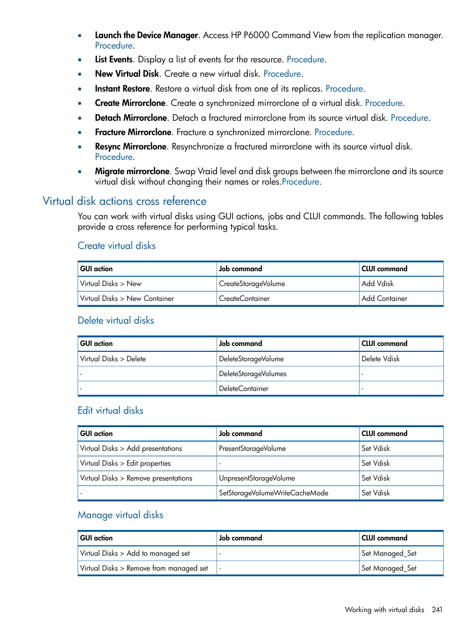 Virtual disk actions cross reference | HP P6000 Continuous Access Software User Manual | Page 241 / 296