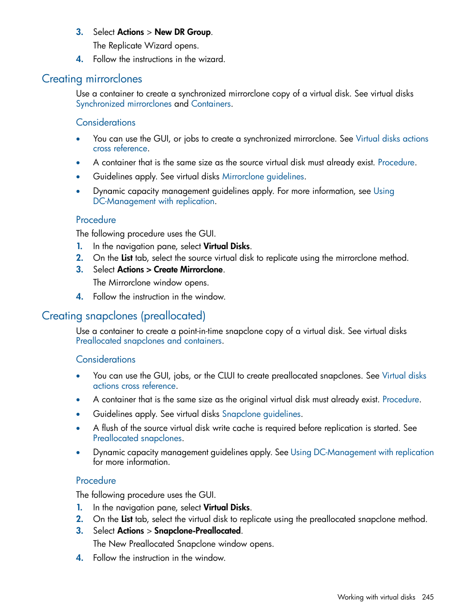 Creating mirrorclones, Creating snapclones (preallocated), Procedure | HP P6000 Continuous Access Software User Manual | Page 245 / 296