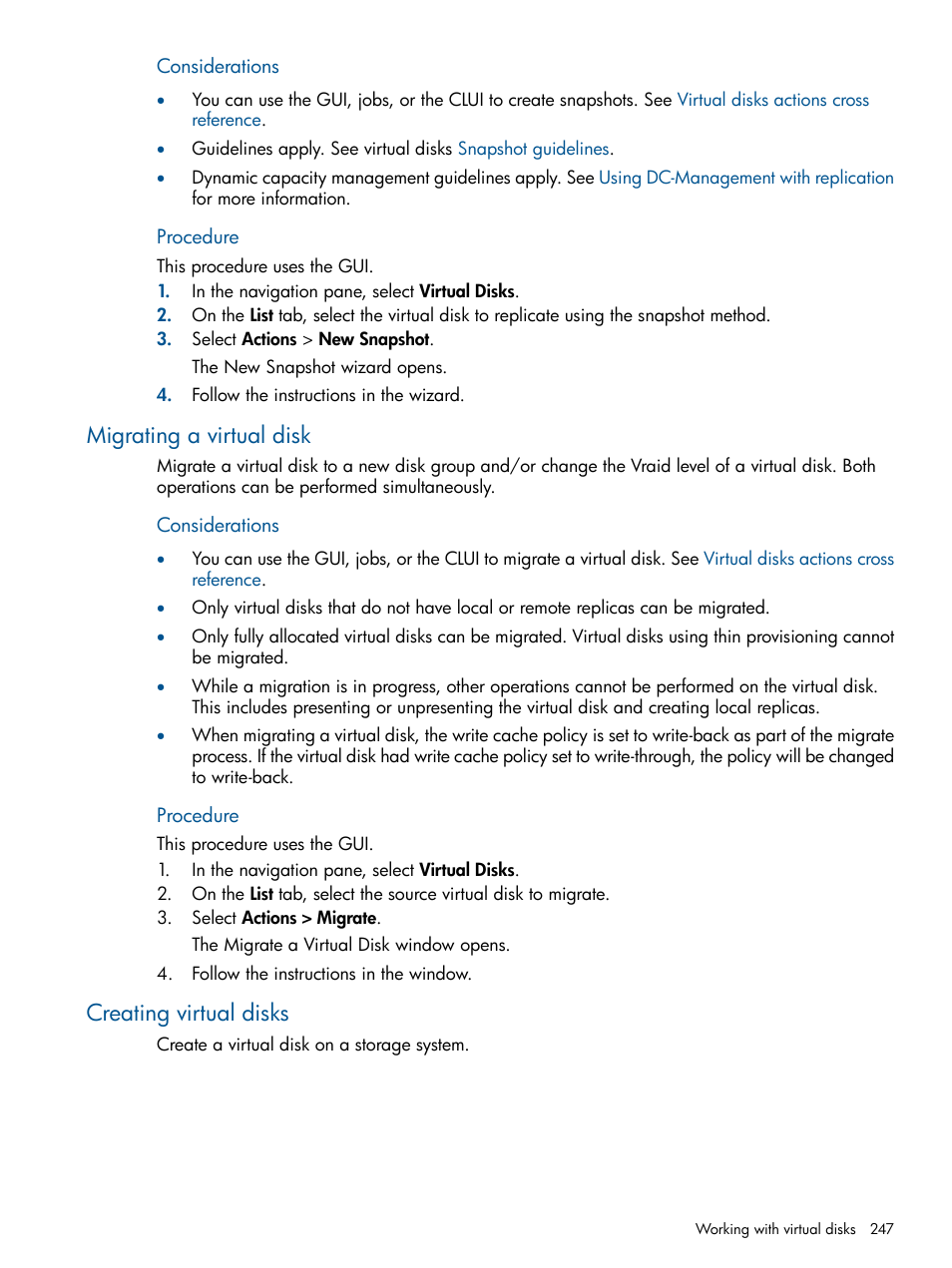 Migrating a virtual disk, Creating virtual disks, Migrating a virtual disk creating virtual disks | Procedure | HP P6000 Continuous Access Software User Manual | Page 247 / 296