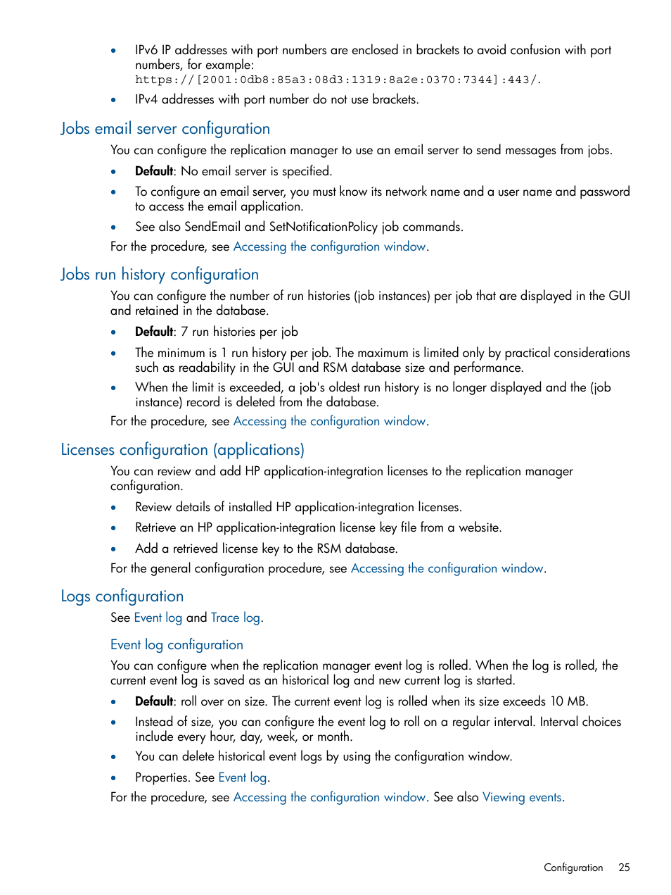 Jobs email server configuration, Jobs run history configuration, Licenses configuration (applications) | Logs configuration | HP P6000 Continuous Access Software User Manual | Page 25 / 296