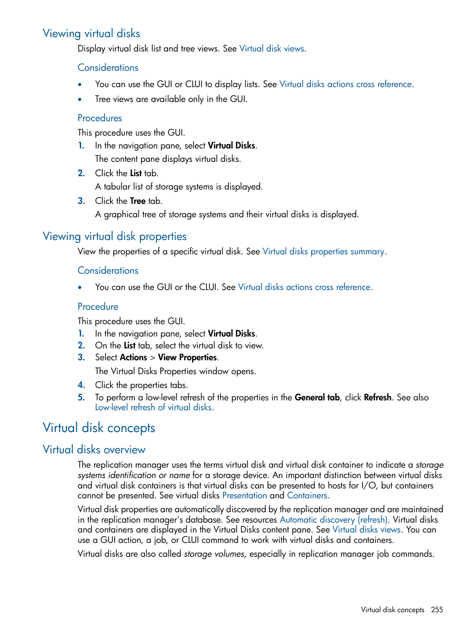 Viewing virtual disks, Viewing virtual disk properties, Virtual disk concepts | Virtual disks overview, Virtual disks, Procedure | HP P6000 Continuous Access Software User Manual | Page 255 / 296