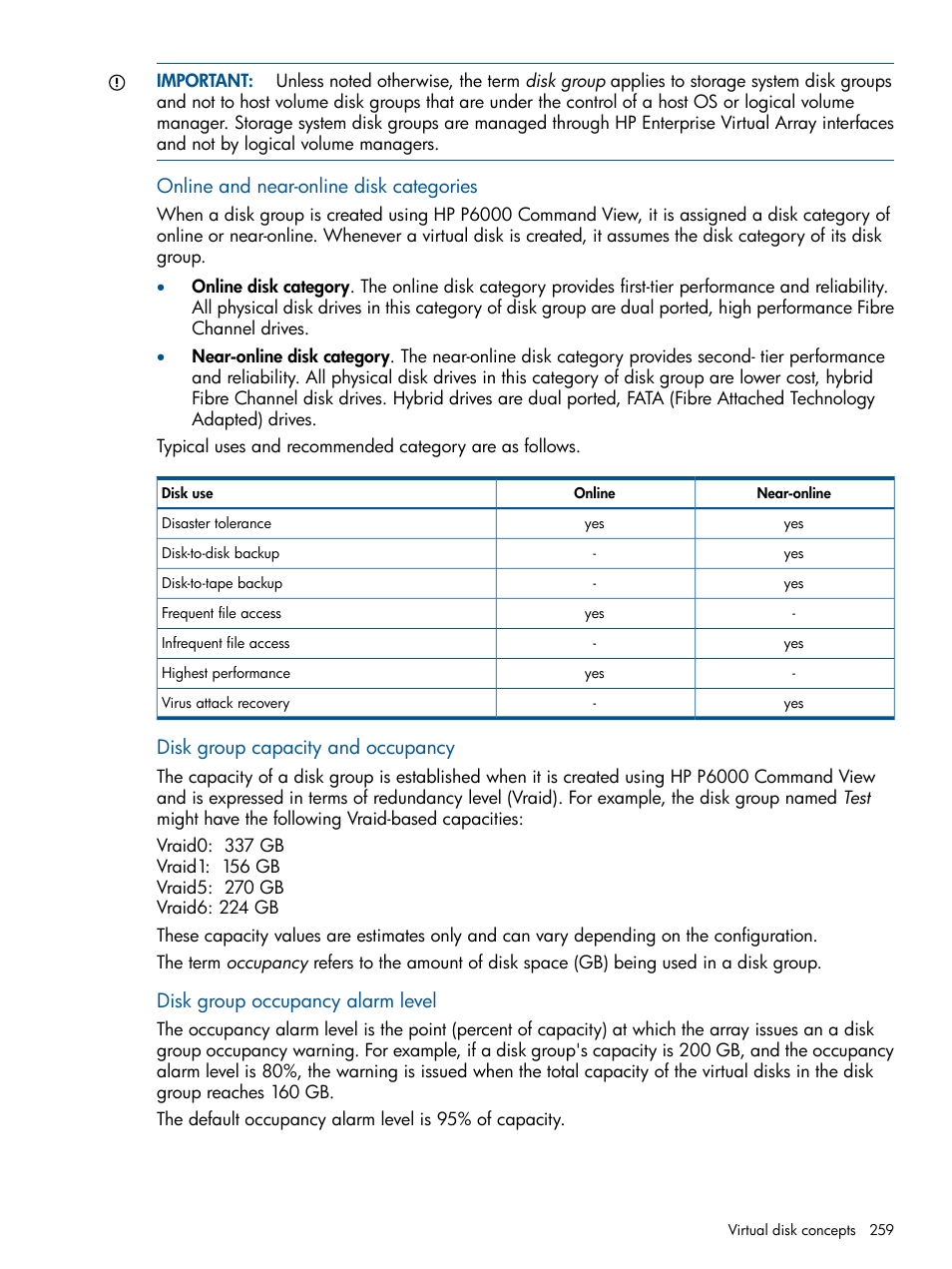 Online and near-online, Online and near-online disk categories, Disk group capacity and occupancy | Disk group occupancy alarm level | HP P6000 Continuous Access Software User Manual | Page 259 / 296