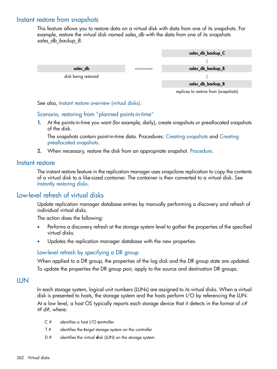 Instant restore from snapshots, Instant restore, Low-level refresh of virtual disks | Low-level refresh, Snapshots | HP P6000 Continuous Access Software User Manual | Page 262 / 296