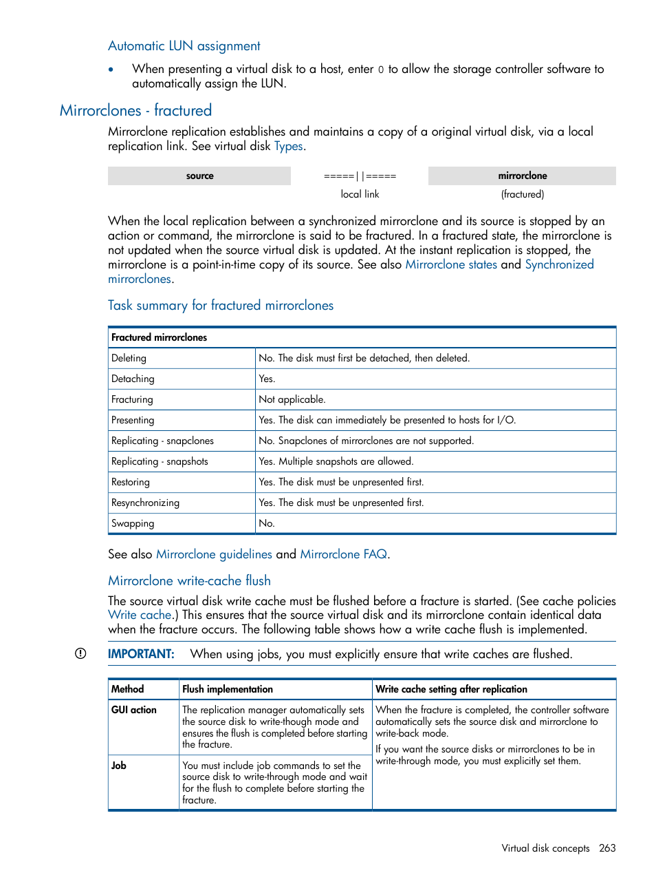 Mirrorclones - fractured, Fractured mirrorclones, Fractured mirrorclone write cache flush | Lun automatic assignment, Automatic lun assignment, Task summary for fractured mirrorclones, Mirrorclone write-cache flush | HP P6000 Continuous Access Software User Manual | Page 263 / 296