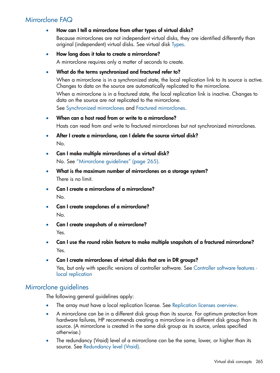 Mirrorclone faq, Mirrorclone guidelines, Mirrorclone faq mirrorclone guidelines | HP P6000 Continuous Access Software User Manual | Page 265 / 296