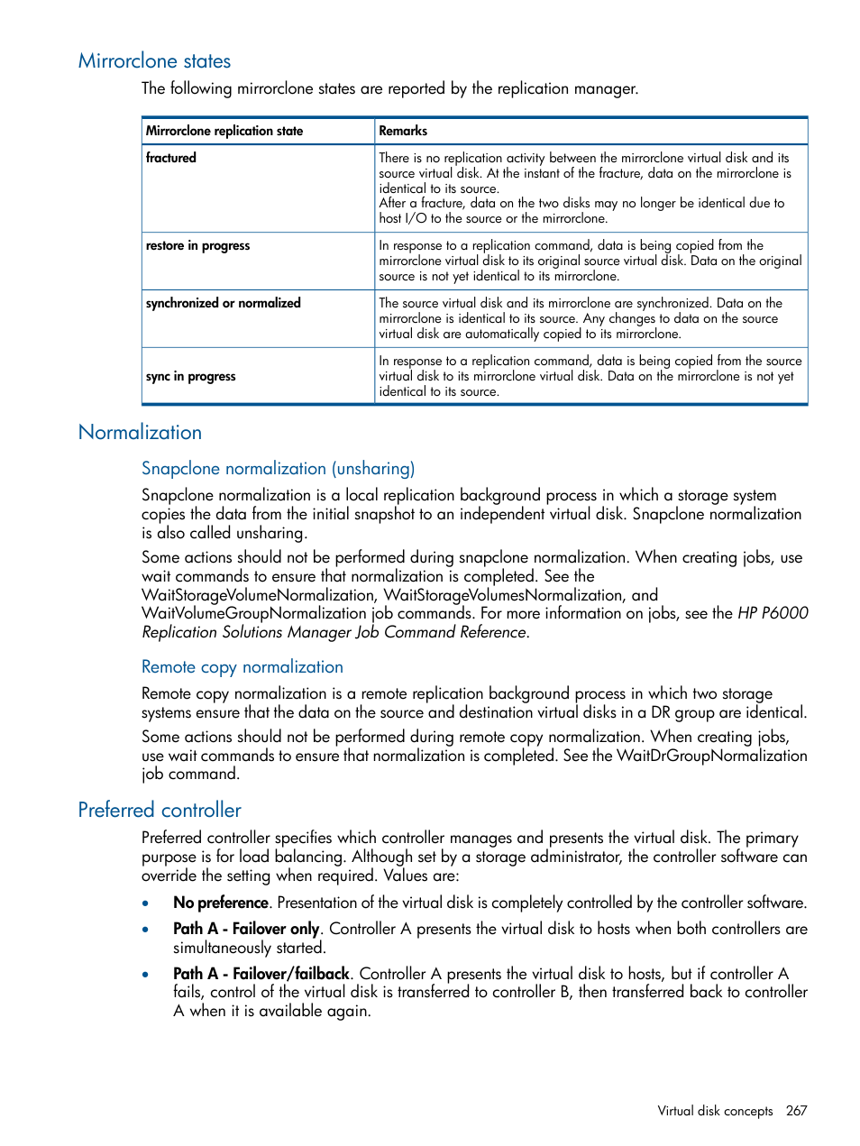 Mirrorclone states, Normalization, Preferred controller | Mirrorclone states normalization | HP P6000 Continuous Access Software User Manual | Page 267 / 296