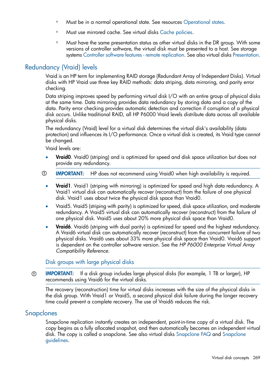 Redundancy (vraid) levels, Snapclones, Redundancy (vraid) levels snapclones | Redundancy level (vraid), Redundancy level | HP P6000 Continuous Access Software User Manual | Page 269 / 296