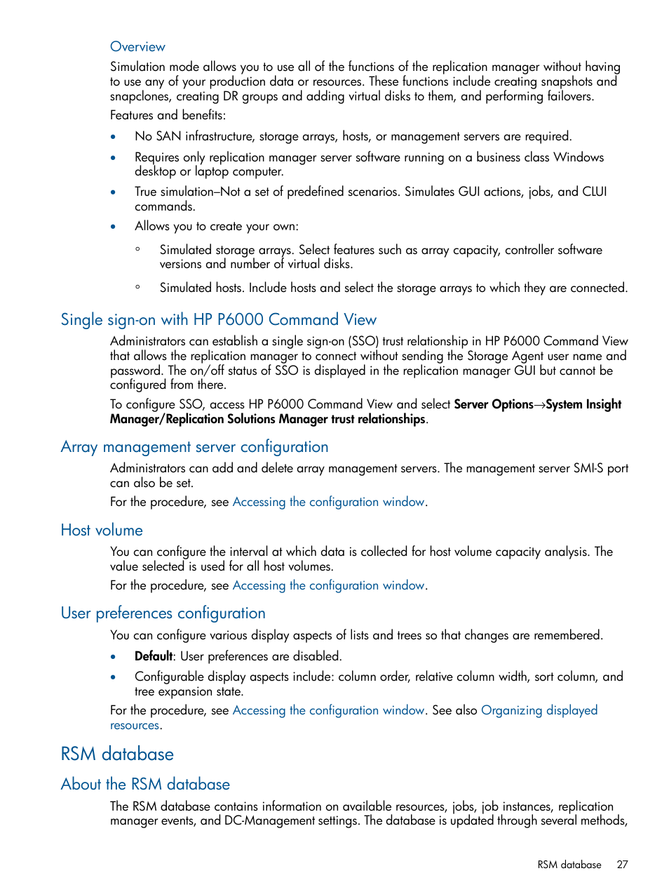 Single sign-on with hp p6000 command view, Array management server configuration, Host volume | User preferences configuration, Rsm database, About the rsm database | HP P6000 Continuous Access Software User Manual | Page 27 / 296