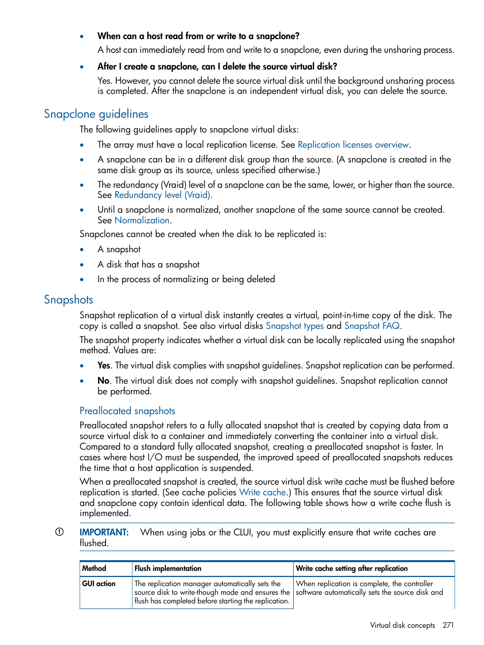 Snapclone guidelines, Snapshots, Snapclone guidelines snapshots | Mirrorclone guidelines, Preallocated snapclones, Preallocated snapshots, Snapclone, Guidelines | HP P6000 Continuous Access Software User Manual | Page 271 / 296
