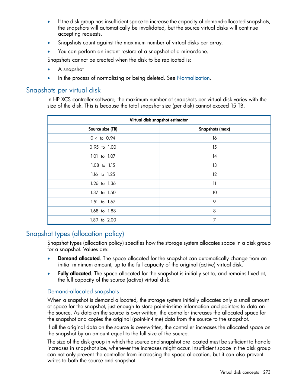 Snapshots per virtual disk, Snapshot types (allocation policy) | HP P6000 Continuous Access Software User Manual | Page 273 / 296