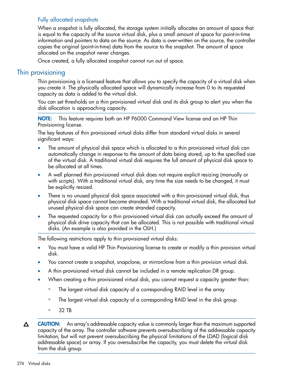 Thin provisioning | HP P6000 Continuous Access Software User Manual | Page 274 / 296