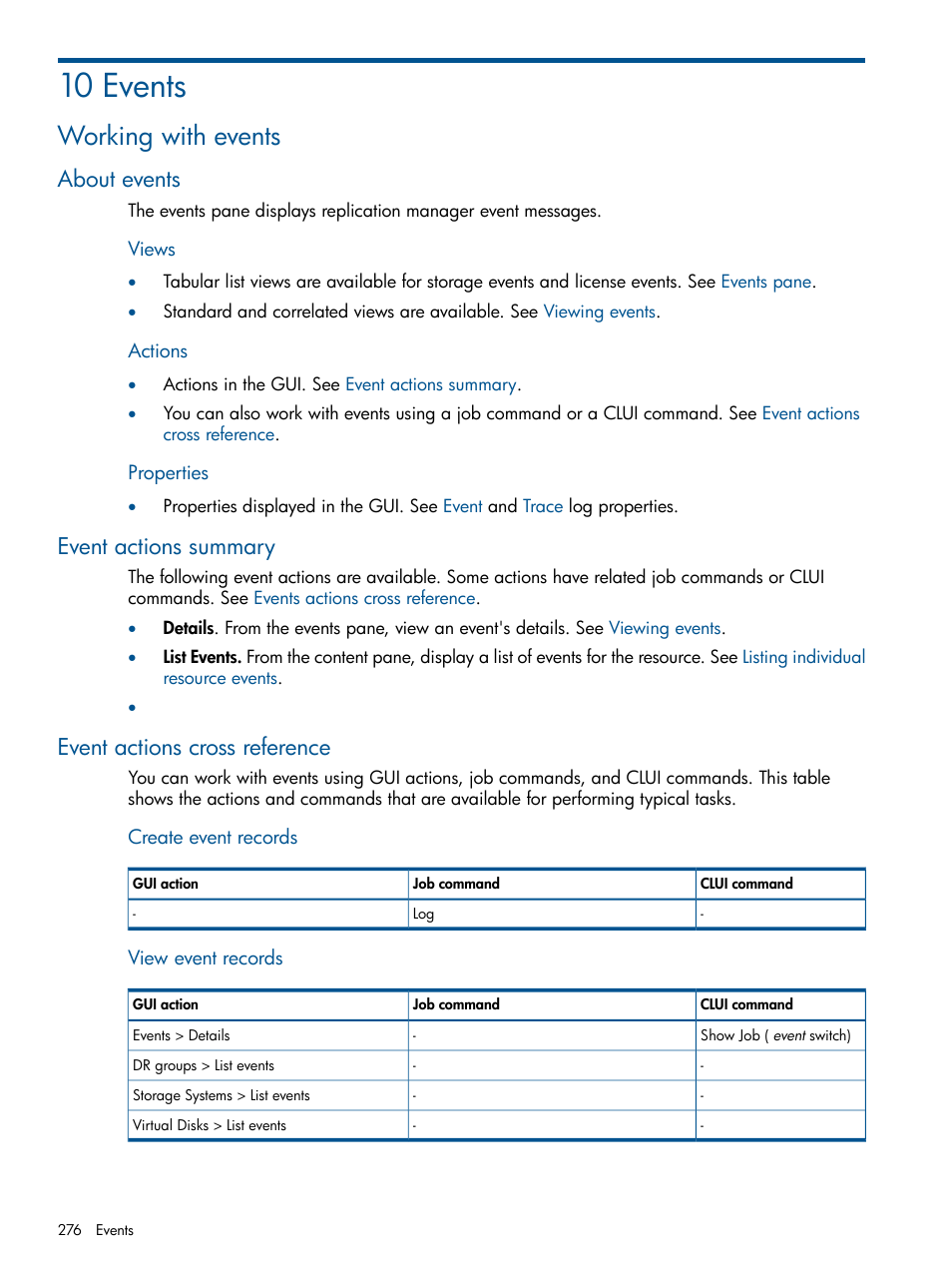 10 events, Working with events, About events | Event actions summary, Event actions cross reference | HP P6000 Continuous Access Software User Manual | Page 276 / 296