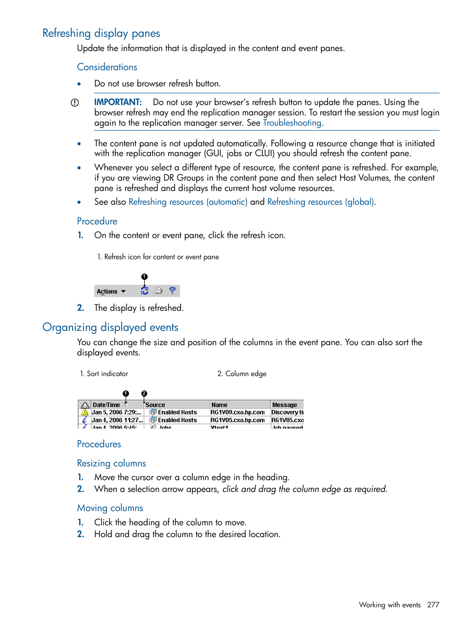 Refreshing display panes, Organizing displayed events | HP P6000 Continuous Access Software User Manual | Page 277 / 296