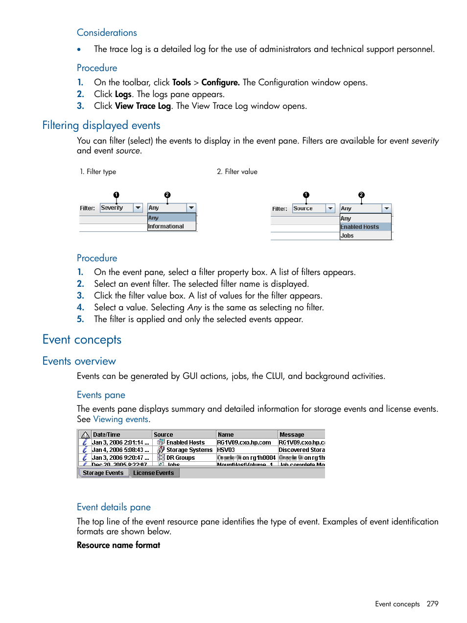 Filtering displayed events, Event concepts, Events overview | Event pane | HP P6000 Continuous Access Software User Manual | Page 279 / 296