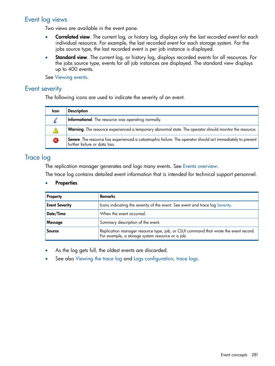 Event log views, Event severity, Trace log | Event log views event severity trace log, Event states, Trace, Severity | HP P6000 Continuous Access Software User Manual | Page 281 / 296