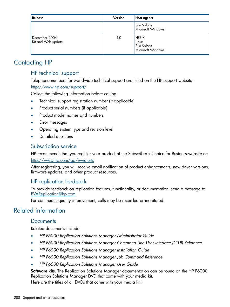 Contacting hp, Related information, Contacting hp related information | Hp technical support, Subscription service, Hp replication feedback, Documents | HP P6000 Continuous Access Software User Manual | Page 288 / 296