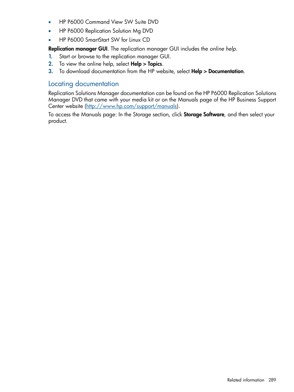 Locating documentation | HP P6000 Continuous Access Software User Manual | Page 289 / 296