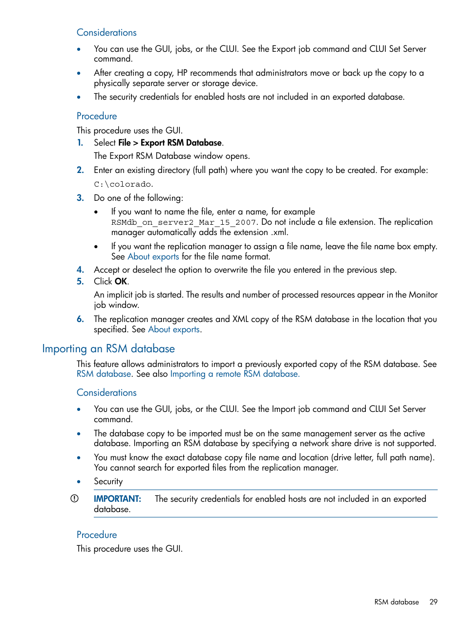 Importing an rsm database, Importing an, Rsm database | HP P6000 Continuous Access Software User Manual | Page 29 / 296