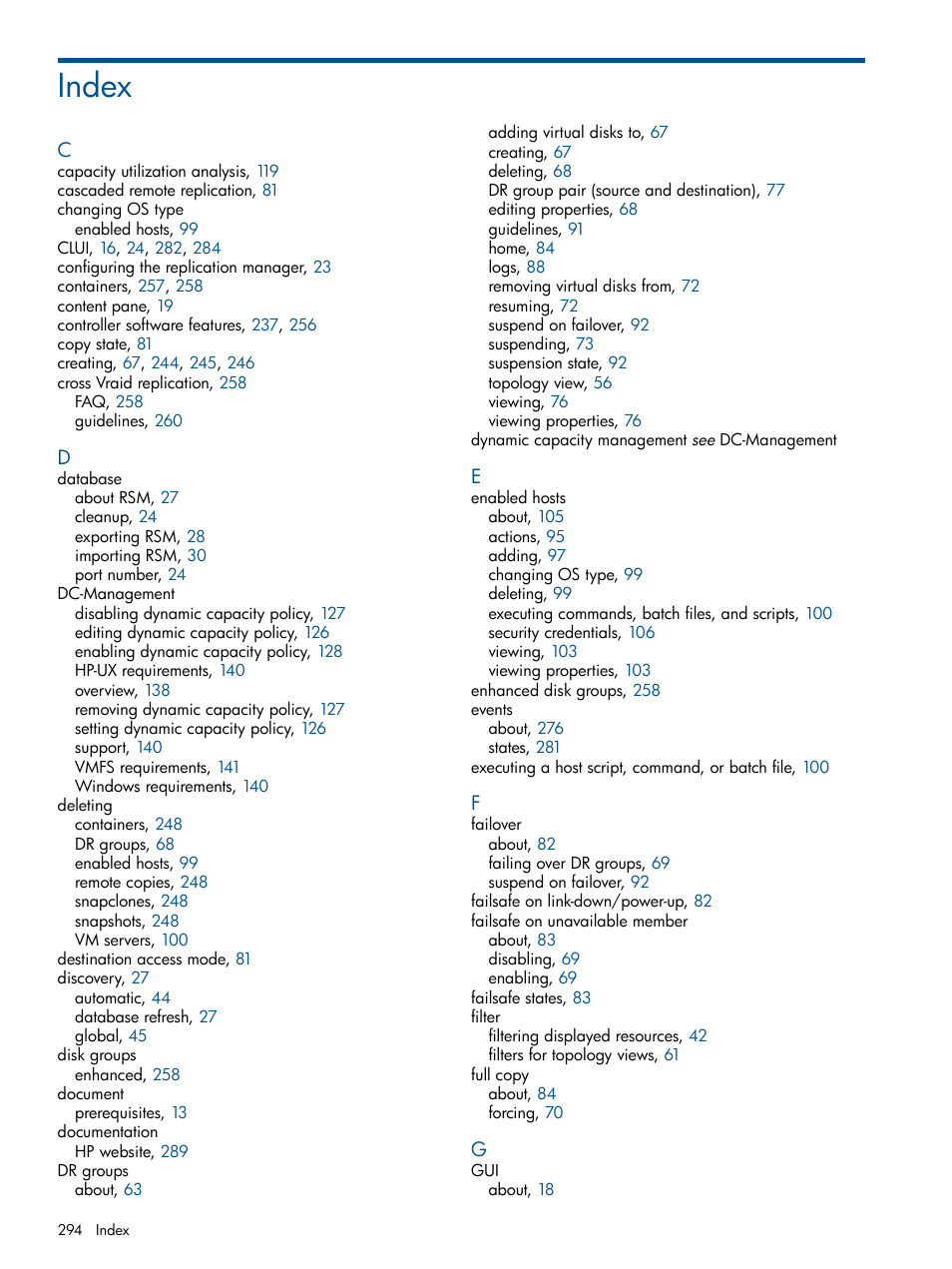 Index | HP P6000 Continuous Access Software User Manual | Page 294 / 296