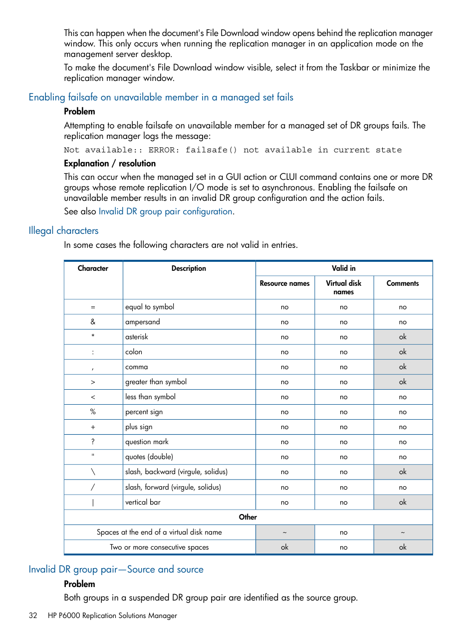 Illegal characters, Invalid dr group pair—source and source | HP P6000 Continuous Access Software User Manual | Page 32 / 296