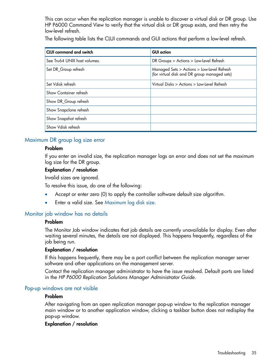 Maximum dr group log size error, Monitor job window has no details, Pop-up windows are not visible | HP P6000 Continuous Access Software User Manual | Page 35 / 296