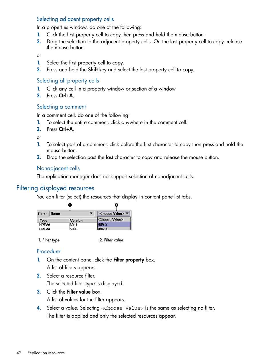 Filtering displayed resources | HP P6000 Continuous Access Software User Manual | Page 42 / 296