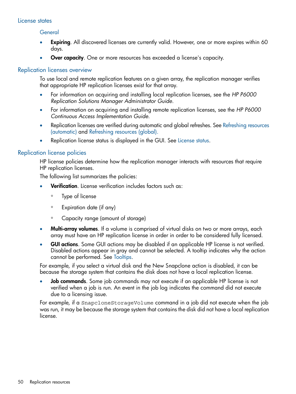 License states, Replication licenses overview, Replication license policies | HP P6000 Continuous Access Software User Manual | Page 50 / 296