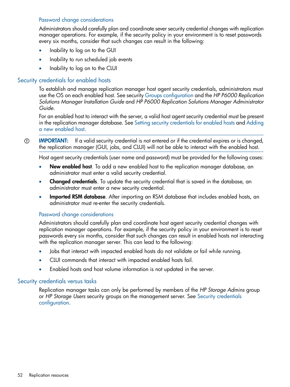 Security credentials for enabled hosts, Security credentials versus tasks | HP P6000 Continuous Access Software User Manual | Page 52 / 296