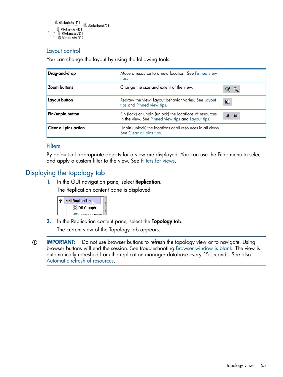 Displaying the topology tab, Layout control, Filters | HP P6000 Continuous Access Software User Manual | Page 55 / 296