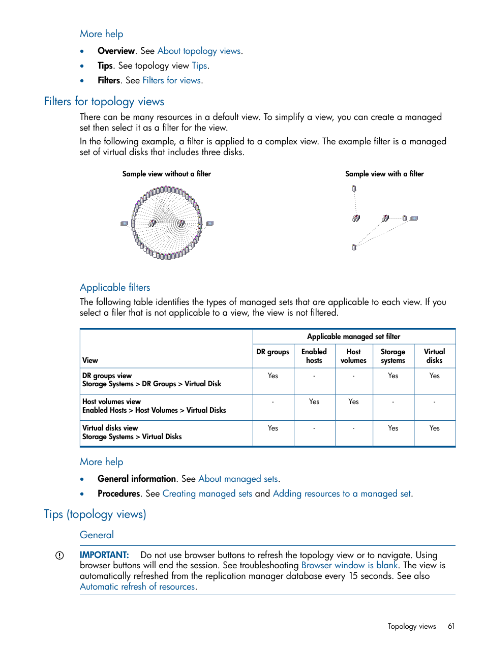 Filters for topology views, Tips (topology views), Filters for topology views tips (topology views) | Filters for views, Tips | HP P6000 Continuous Access Software User Manual | Page 61 / 296