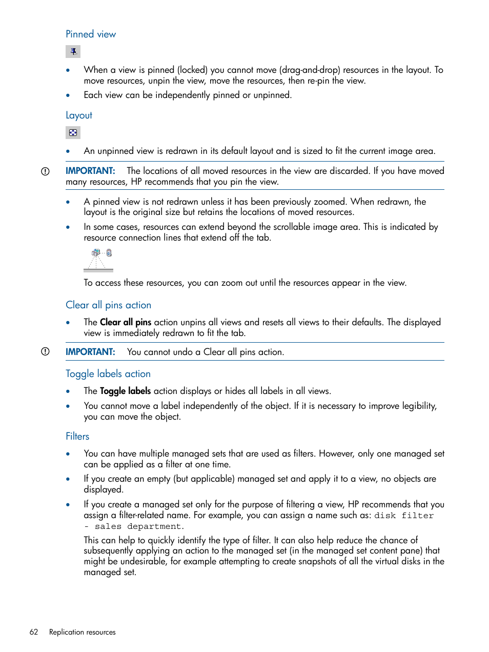 Pinned view, Tips, Layout | Pinned view tips, Layout tips, Clear all pins tips | HP P6000 Continuous Access Software User Manual | Page 62 / 296