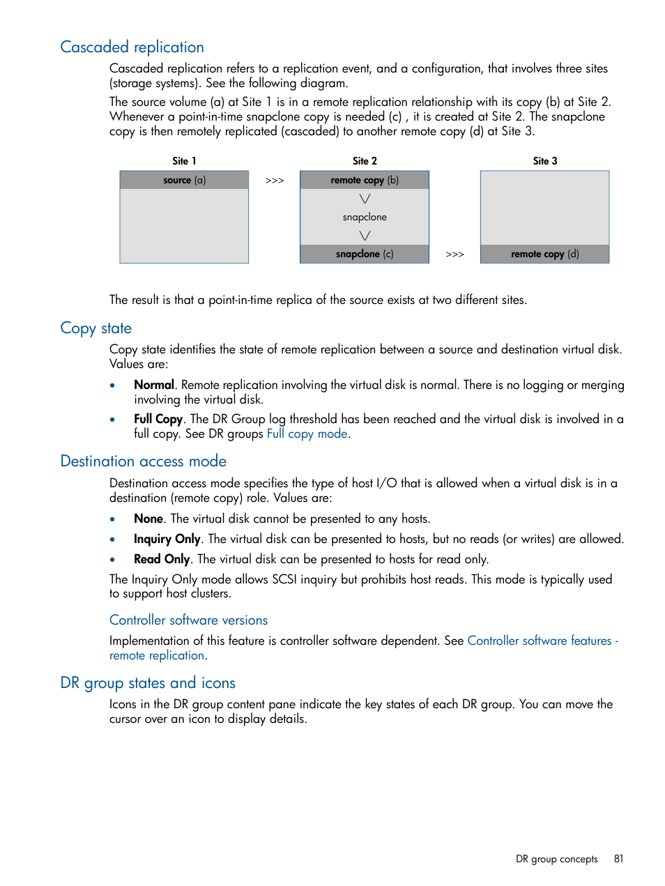 Cascaded replication, Copy state, Destination access mode | Dr group states and icons, Special icons, Suspension state | HP P6000 Continuous Access Software User Manual | Page 81 / 296