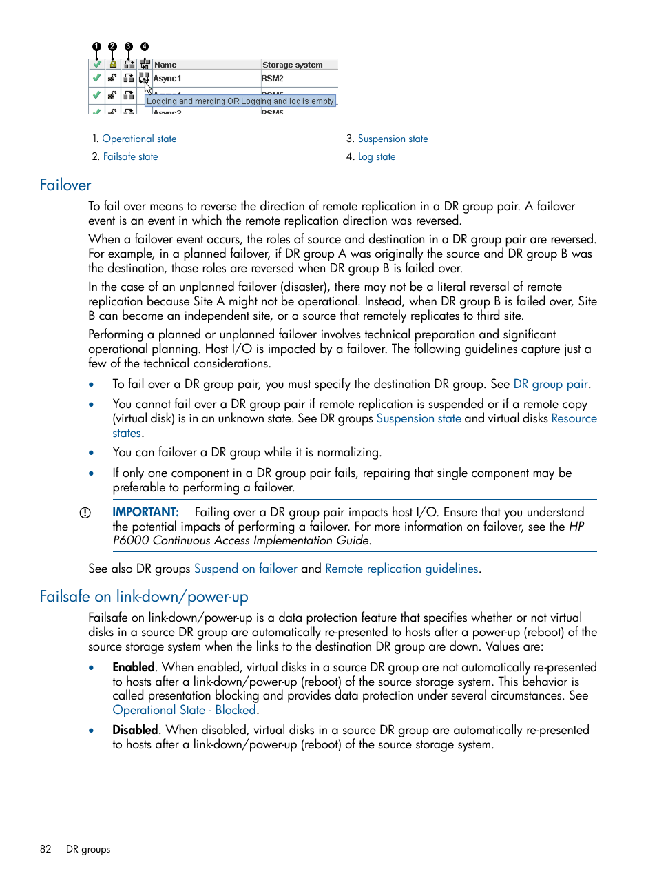 Failover, Failsafe on link-down/power-up, Failover failsafe on link-down/power-up | Failsafe on, Link-down/power-up | HP P6000 Continuous Access Software User Manual | Page 82 / 296