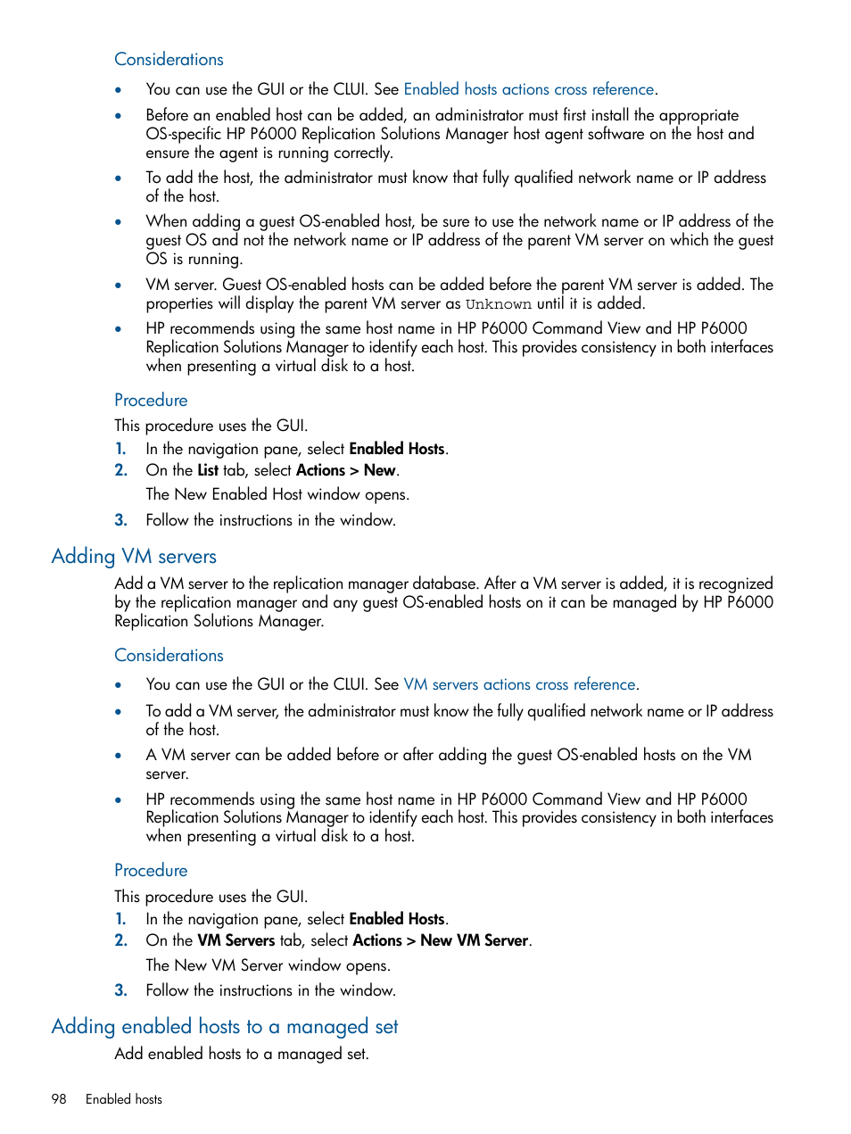 Adding vm servers, Adding enabled hosts to a managed set | HP P6000 Continuous Access Software User Manual | Page 98 / 296