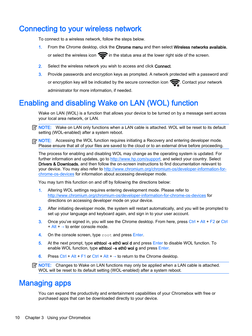 Connecting to your wireless network, Enabling and disabling wake on lan (wol) function, Managing apps | HP Chromebox User Manual | Page 16 / 22