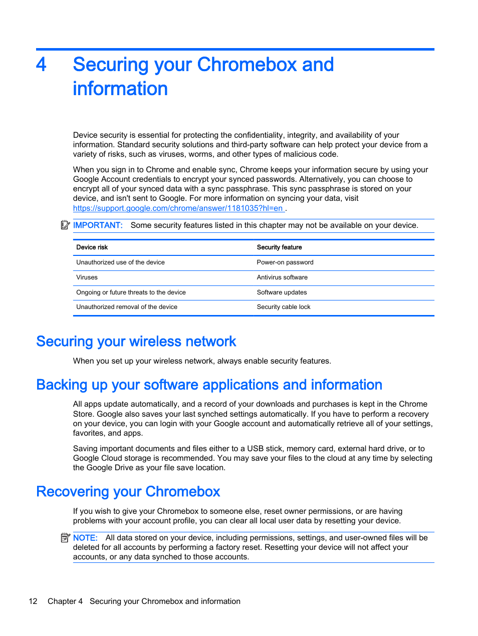 Securing your chromebox and information, Securing your wireless network, Recovering your chromebox | 4 securing your chromebox and information, System, please see, Securing your chromebox and, 4securing your chromebox and information | HP Chromebox User Manual | Page 18 / 22