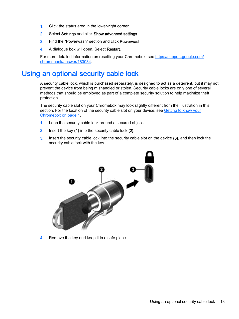 Using an optional security cable lock | HP Chromebox User Manual | Page 19 / 22