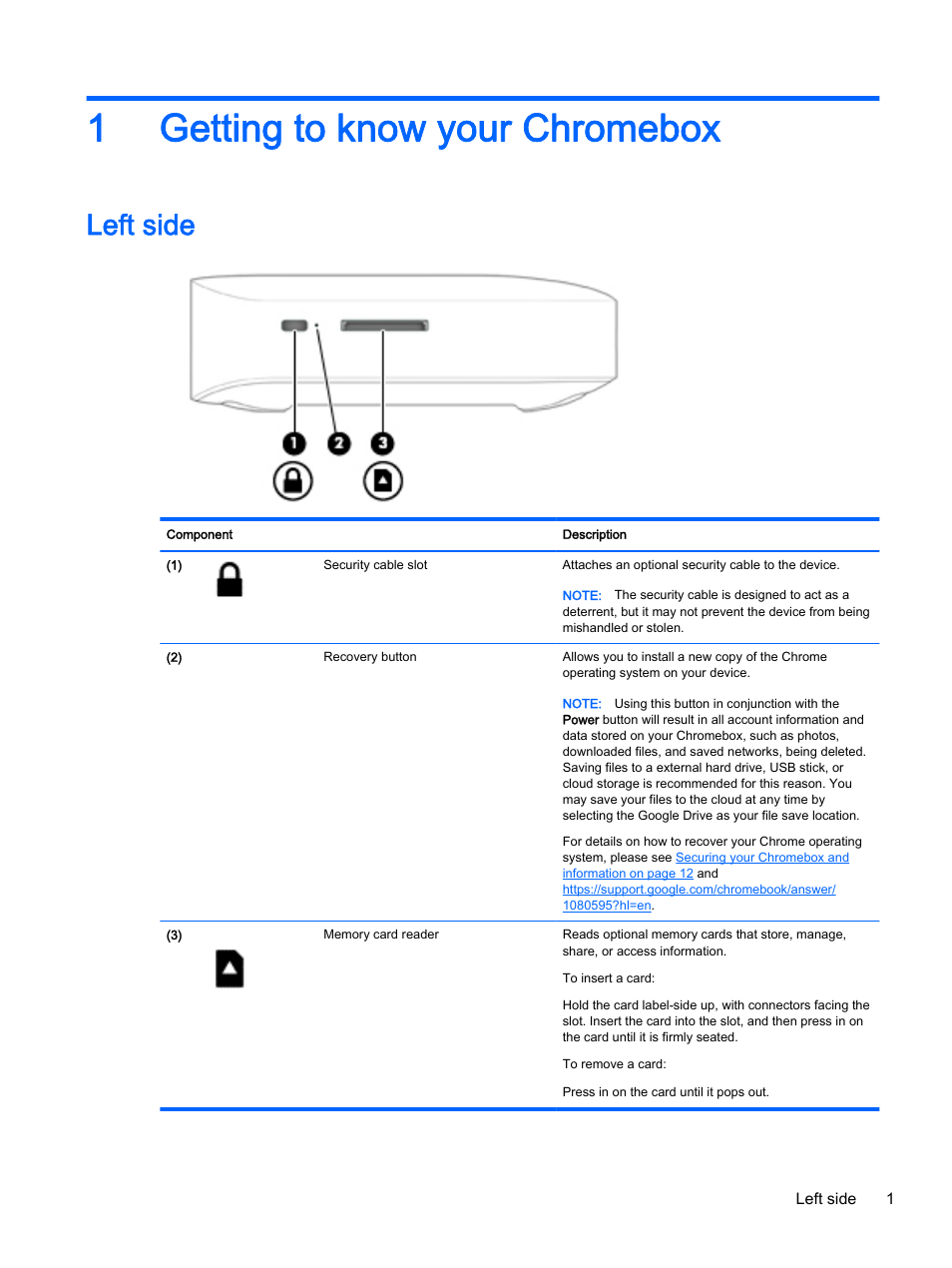 Getting to know your chromebox, Left side, 1 getting to know your chromebox | 1getting to know your chromebox | HP Chromebox User Manual | Page 7 / 22