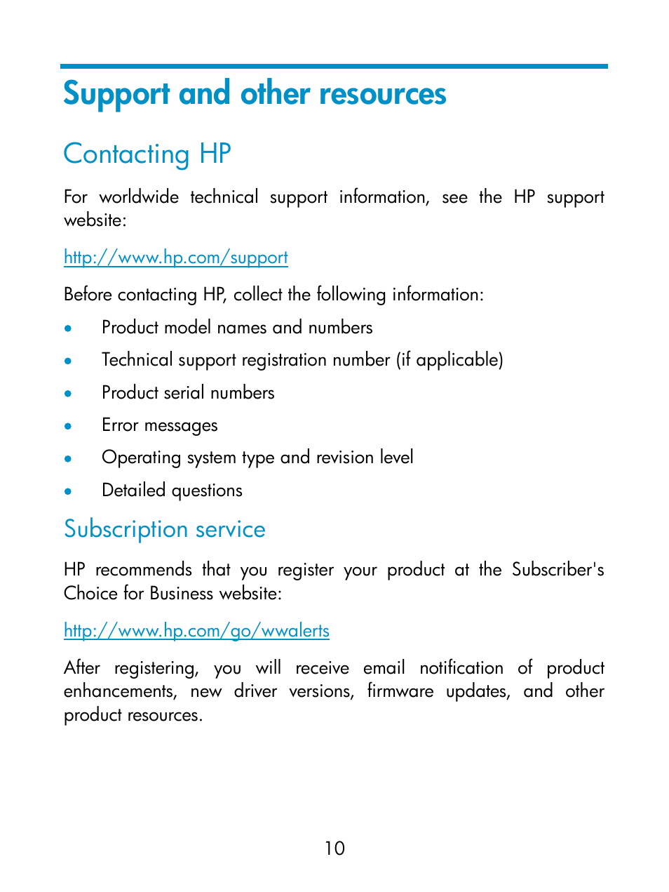 Support and other resources, Contacting hp, Subscription service | HP Switch Fan Assemblies User Manual | Page 13 / 17