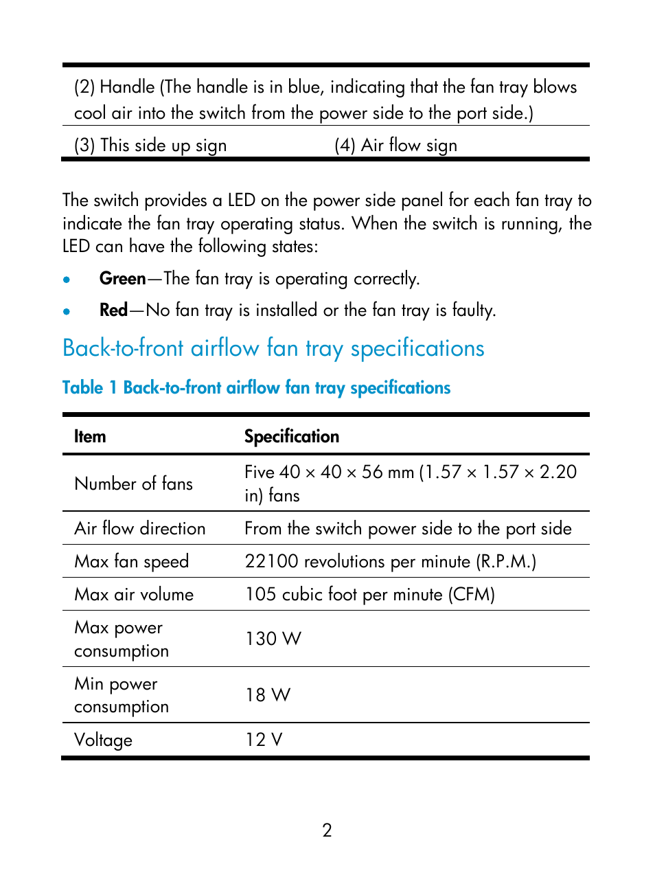 Back-to-front airflow fan tray specifications | HP Switch Fan Assemblies User Manual | Page 5 / 17