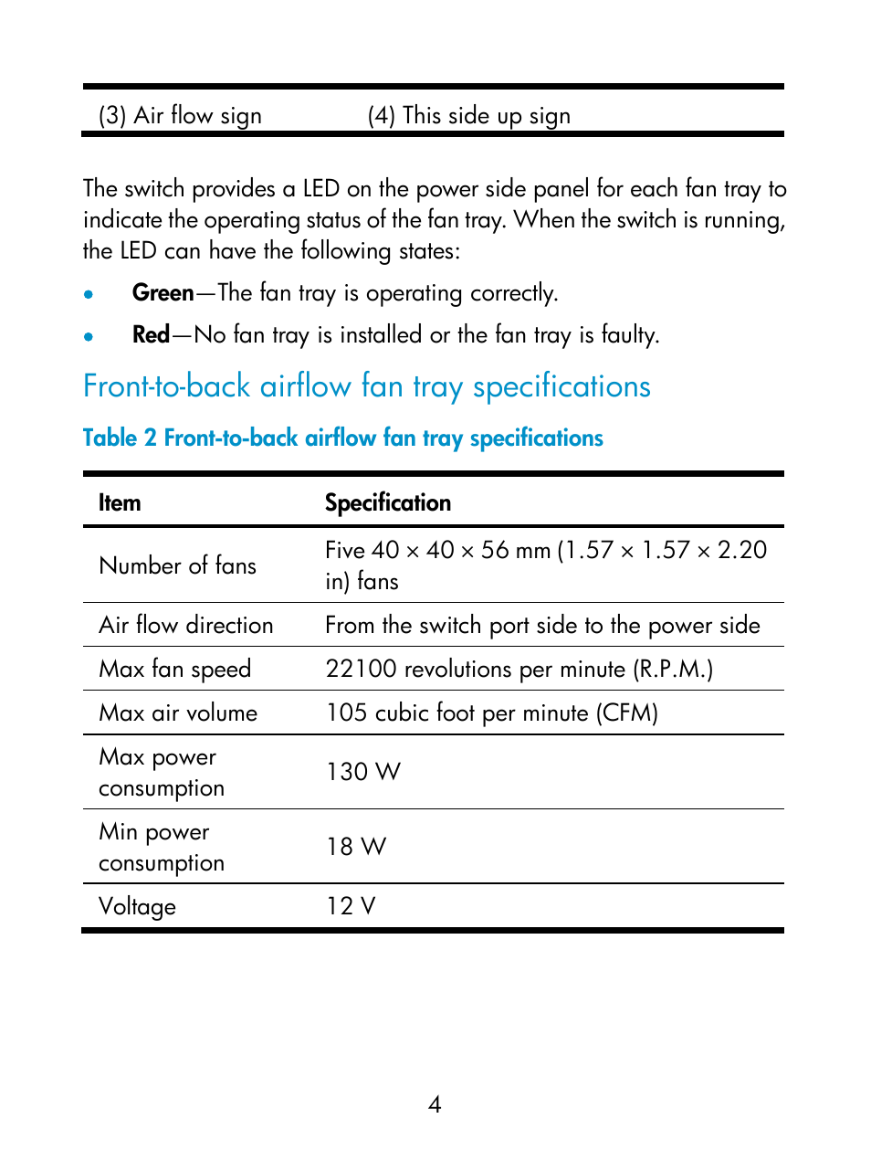 Front-to-back airflow fan tray specifications | HP Switch Fan Assemblies User Manual | Page 7 / 17