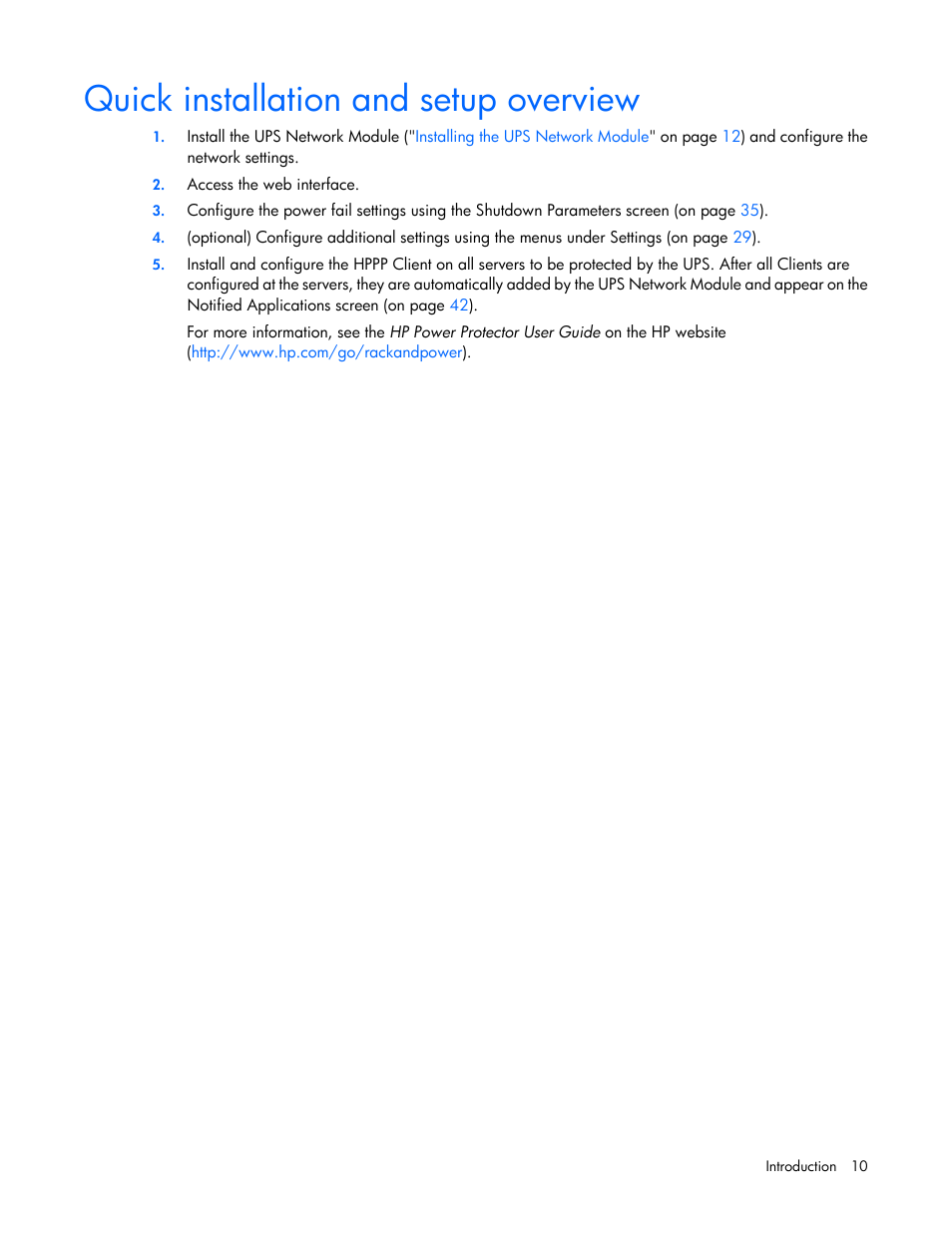 Quick installation and setup overview | HP UPS Network Module User Manual | Page 10 / 87