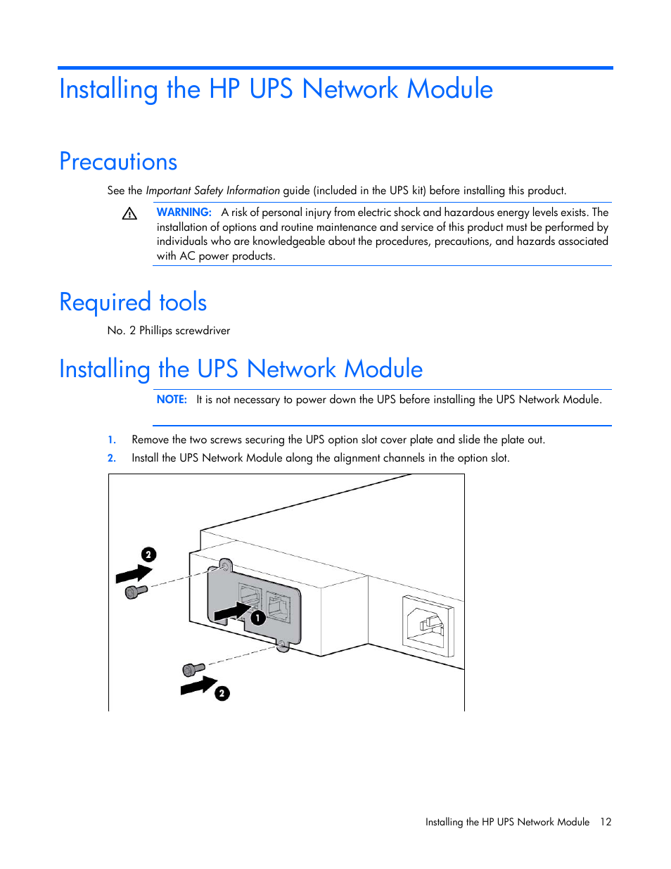 Installing the hp ups network module, Precautions, Required tools | Installing the ups network module | HP UPS Network Module User Manual | Page 12 / 87