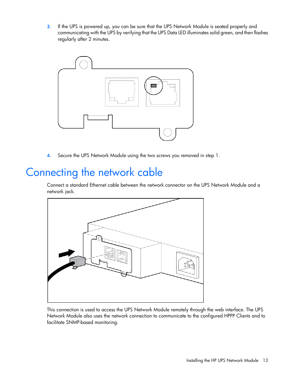 Connecting the network cable | HP UPS Network Module User Manual | Page 13 / 87