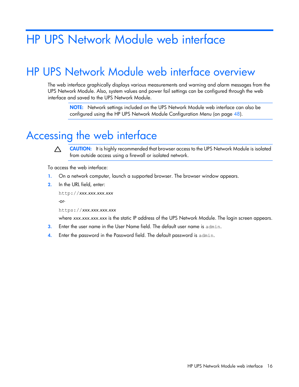 Hp ups network module web interface, Hp ups network module web interface overview, Accessing the web interface | HP UPS Network Module User Manual | Page 16 / 87